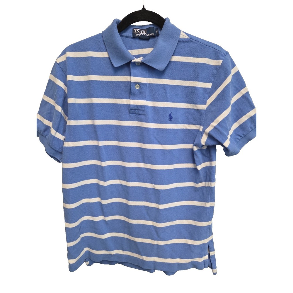 Polo Ralph Lauren Mens Small Blue Striped Short Sleeve Pique Polo Shirt Logo